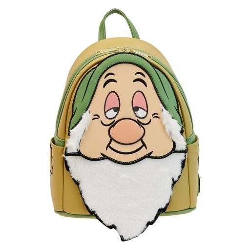 Beige and green backpack featuring Sleepy from Snow White and the Seven Dwarfs with a faux fur beard and lenticular droopy eyes